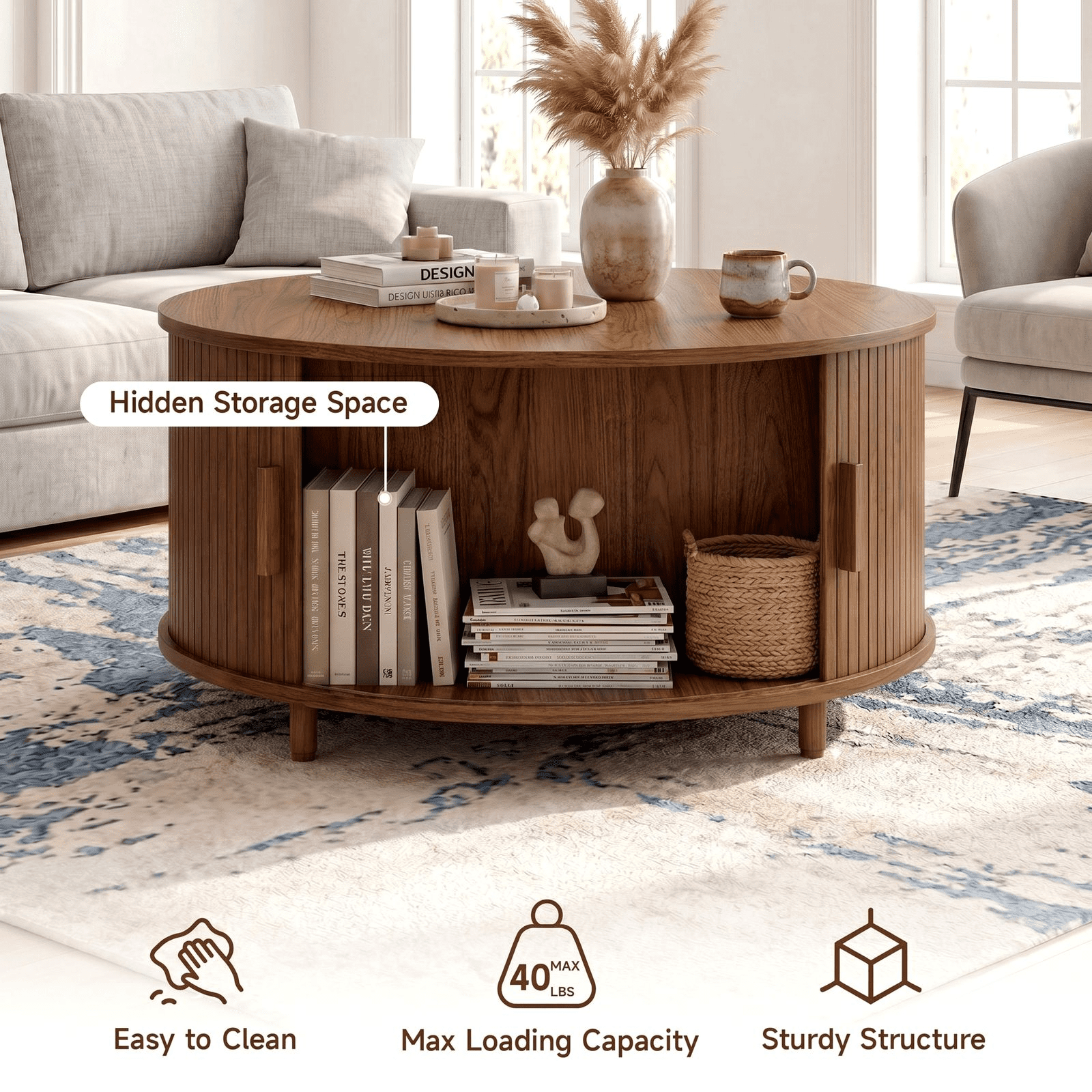 ROGALIS 31.5" Round Coffee Table with Storage, Modern Coffee Table with 360° Curved Sliding Door, Fluted Wood Coffee Table with Adjustable Footpads for Living Room, Walnut