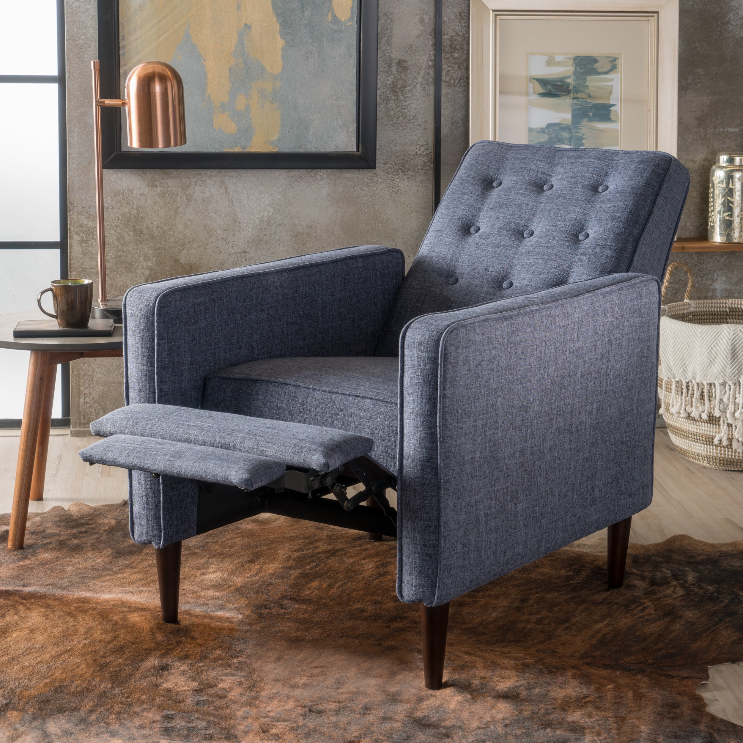Noble House Marrin Standard Dark Blue Fabric Button Tufted Recliner