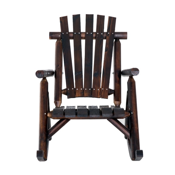 Outdoor Rocking Chair Wooden Adirondack - Rustic Patio Rocker, Slatted Seat, High Back, Armrests - Brown - Garden, Porch, Single Person