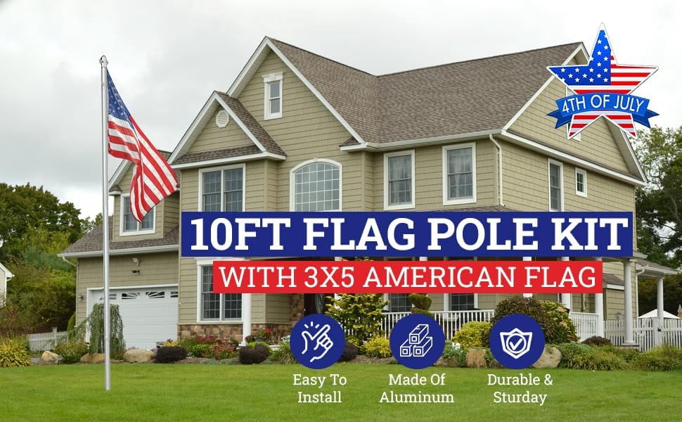 10ft Flag Pole Kit with 3x5 American Flag - Multicolor, Aluminum, Easy Install for Garden & Outdoor - Ideal for Memorial Day, 4th of July, Veterans Day Celebrations