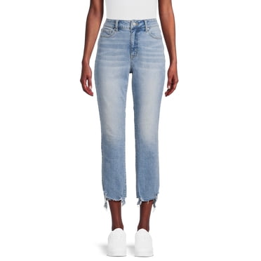 Time and Tru Women's Destructed Hem Straight Leg Jeans, 25.5" Inseam for Short, Sizes 4S-20S