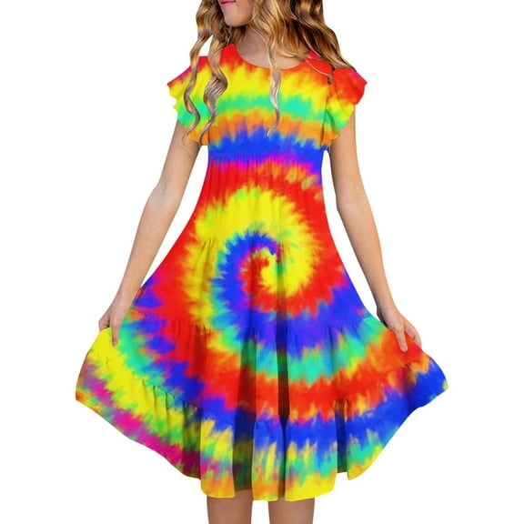 Gaexia Dresses for Girls ,Girls Summer Dresses Double Layer Flutter Sleeve Flowy A Line Dress Casual Gradient Midi Dresses (Red,14-15 Years)