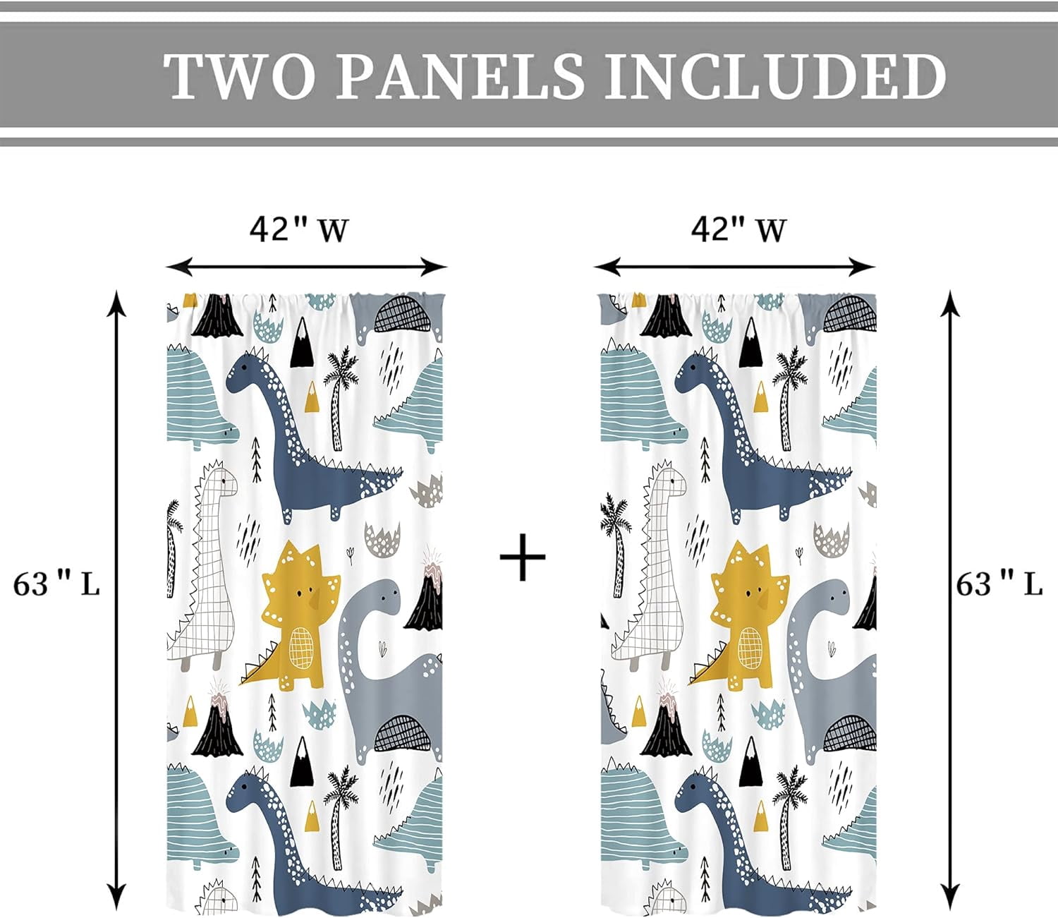 Dinosaur Curtains 42Wx63L Inch Rod Pocket Kids Cartoon Dino Baby Boys Bedroom Decor Nursery Children Cute Navy Blue Safari Animal Art Printed Living Room Playroom Window Drapes Fabric 2 Panel