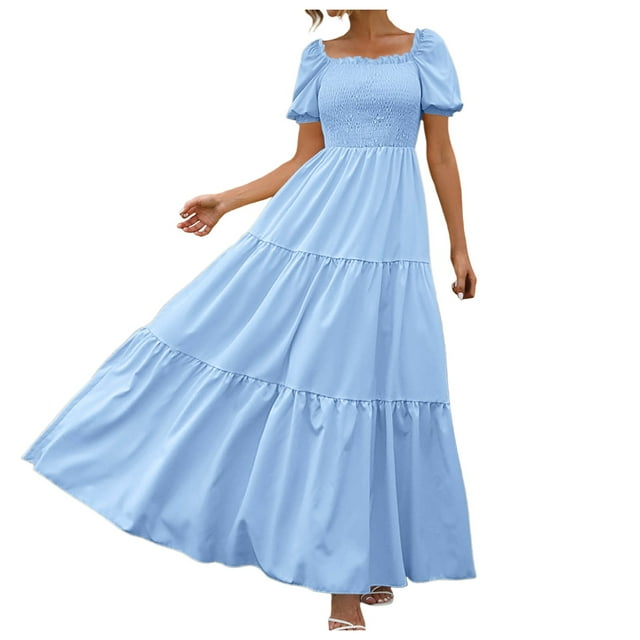 GDREDA 2024 Robe Maxi Bohème à Fleurs pour Femmes, Design Portefeuille avec Ourlet à Volants et Ceinture Ajustable, Robe Décontractée Fluide Évasée Bleu,G