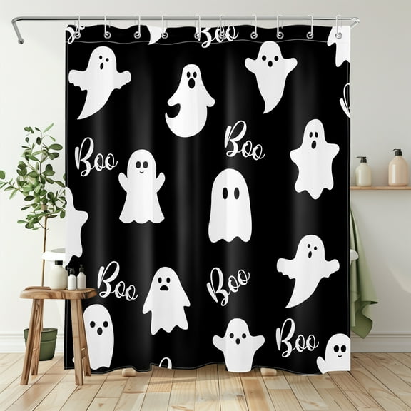 NEONWE Halloween Ghost Shower Curtain Black and White Cute Waterproof Fabric Bathroom Curtain 60x72 with Hooks