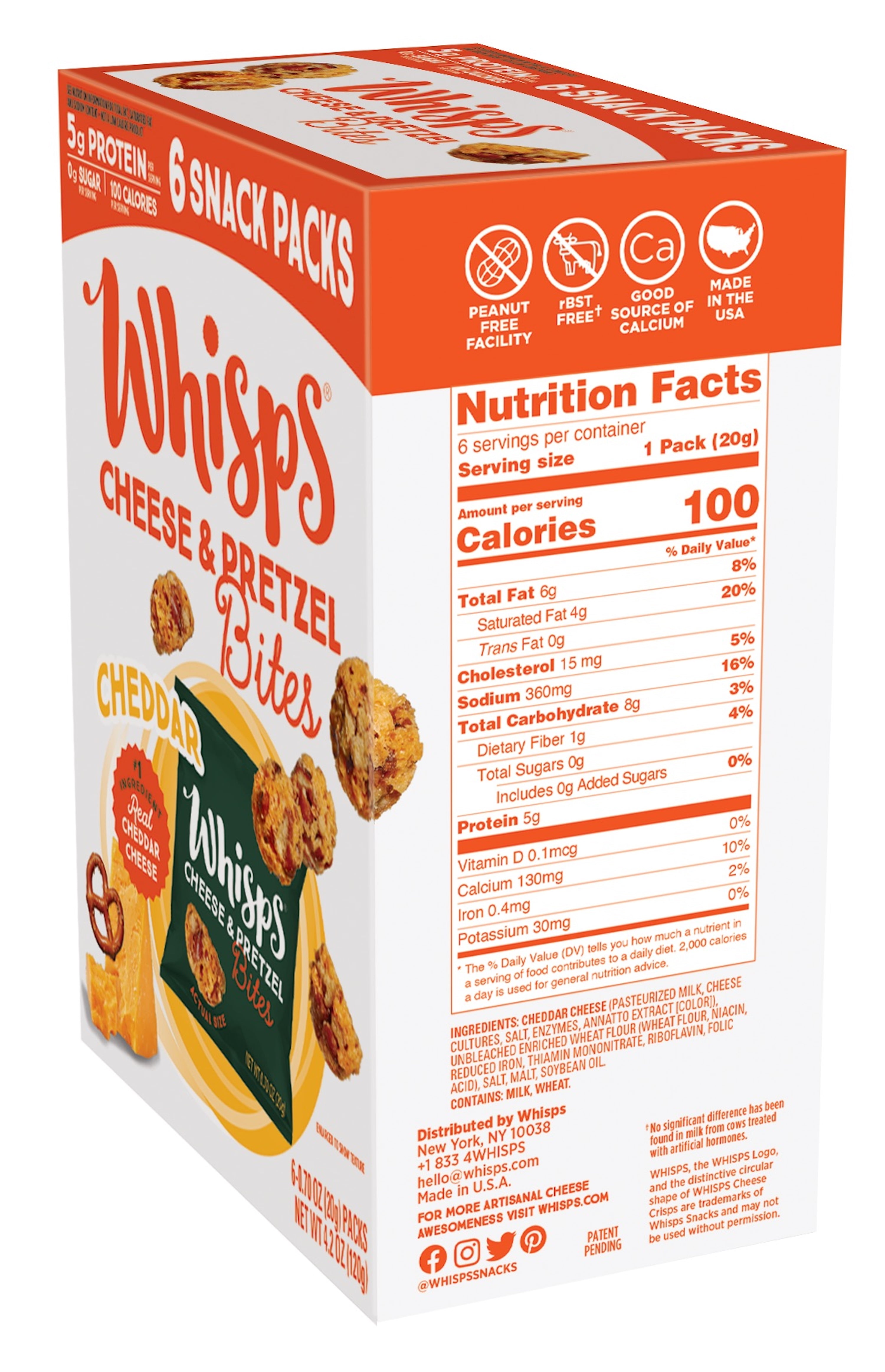 Whisps Cheddar Cheese & Pretzel Bites, Protein from 100% Cheese Single-Serve 100 Calorie Snack Packs, 0.7 oz, 6 Count