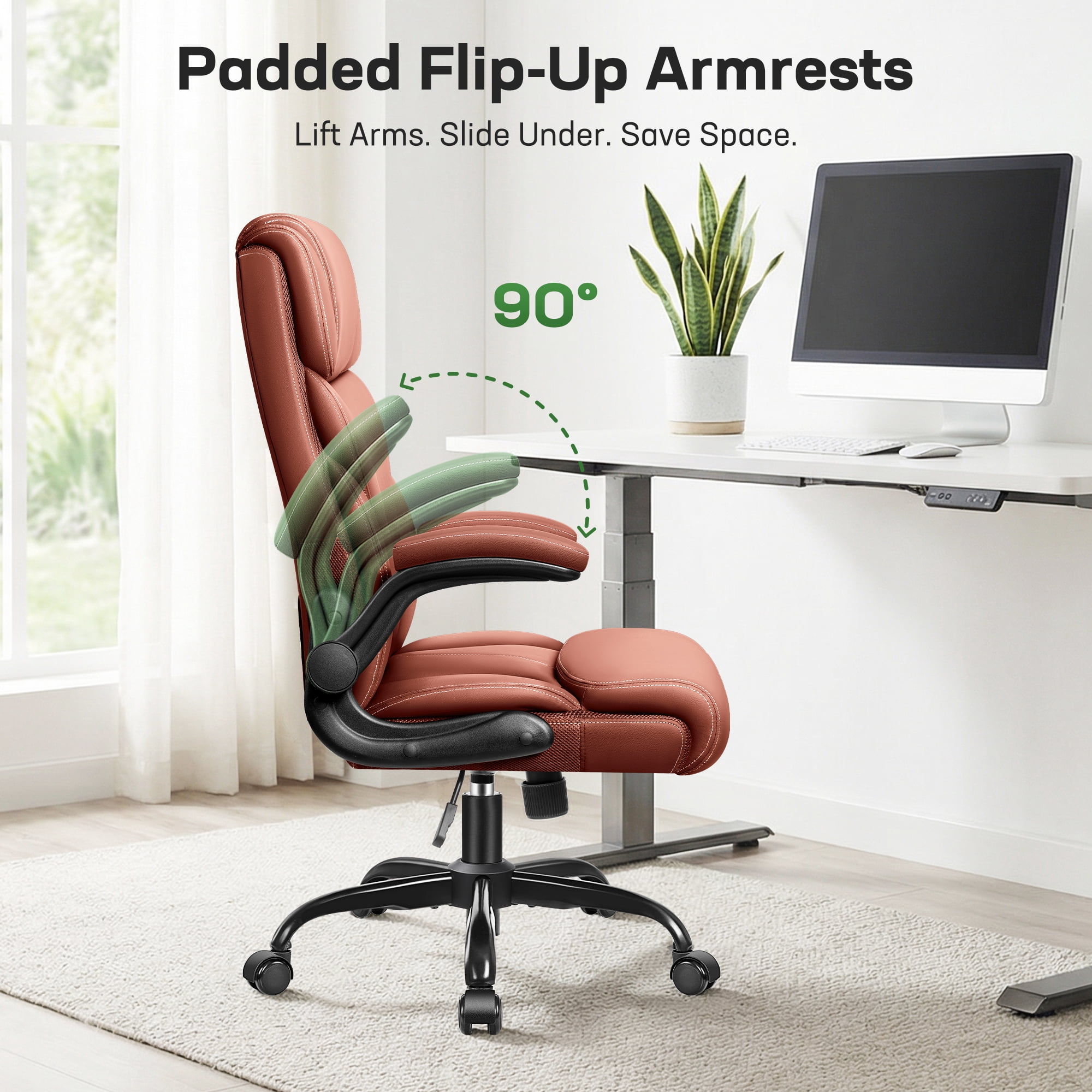ATHOPE Leather Office Chair, Big and Tall Office Chair with Lumbar Support, High Back Executive Desk Chairs with Flip-up Armrest, Breathable PU Ergonomic Computer Chair, 360°Swivel Free, Brown