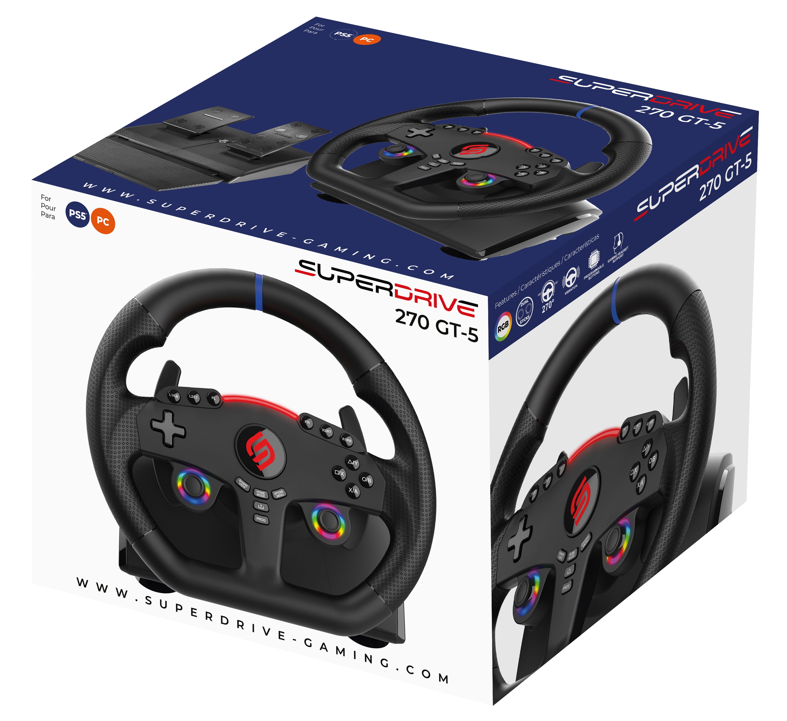 Subsonic - Superdrive 270 GT5 Steering Wheel - Dual stick LED racing wheel, 270° rotation, with pedals and paddle shifters. For PS5 and PC – Black