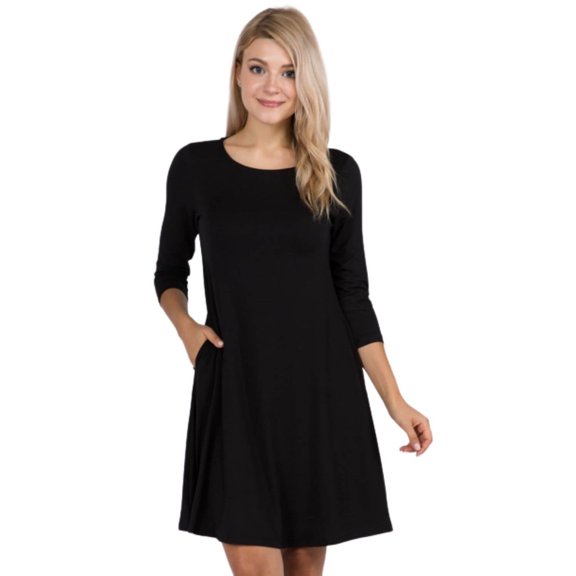 Women's Three-Quarter Sleeve Swing Dress, Black, S