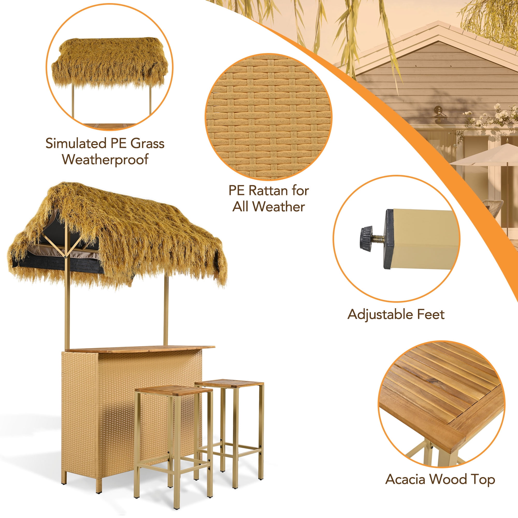Bar Height Patio Set with PE Grass Canopy, Outdoor Bar Table and Stools with Adjustable Feet, Acacia Wood Top, for Dining and Drinking, Natural