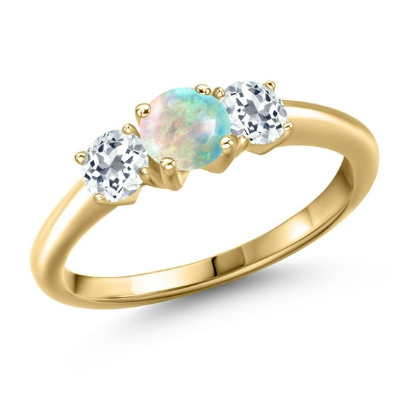 Gem Stone King 10K Yellow Gold Simulated White Opal and White Topaz Engagement Ring for Women | 1.16 Cttw | Round Cabochon 5MM | Gemstone October Birthstone | Size 5