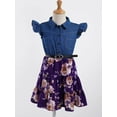 thumbnail image 5 of iiniim Kids Girls Spliced Cotton Dress Denim Lapel Collar Flying Sleeve Shirt with Floral Swing Skirt Set Size 2-14 Purple 4, 5 of 7