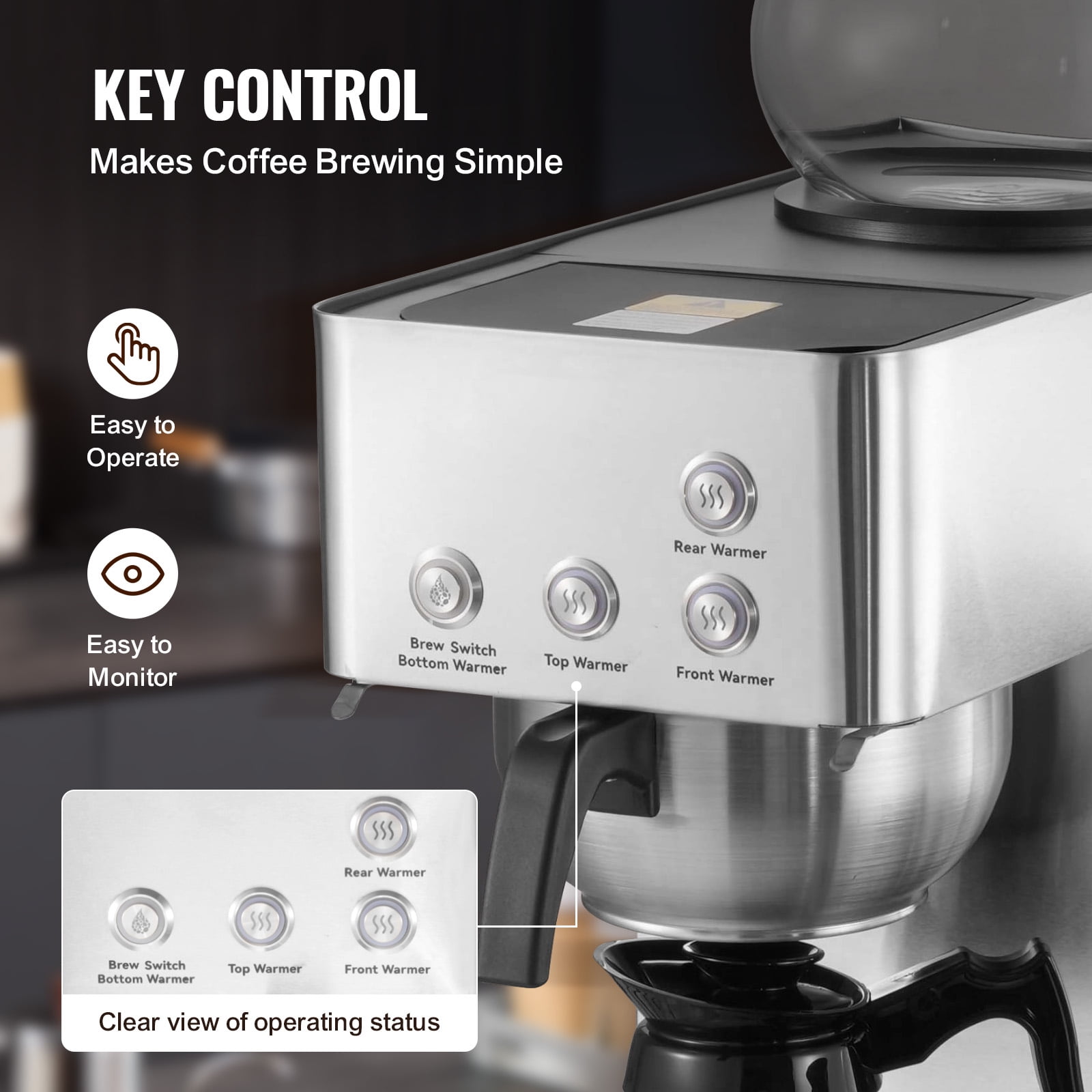 KFFKFF Commercial Drip Coffee Maker, 12-Cup Machine with 4 Glass Carafes and 4 Warming Plates, Stainless Steel Brewer for Restaurants, Offices, Cafes, and Homes