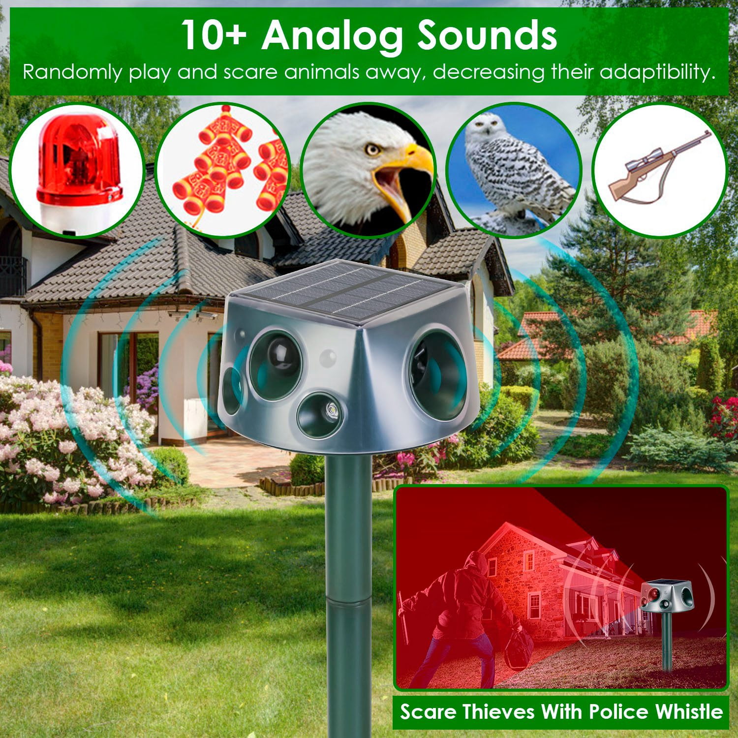 Solar Ultrasonic Animal Repeller Rechargeable 2200mAh Garden Pest Deterrent with Strobe Alarm Vibration IP66 Waterproof Motion Sensor for Moles Bats Squirrels Birds Yard Farm Lawn Outdoor