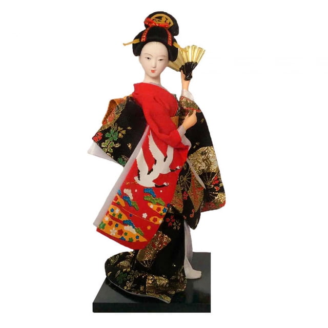 muñecas geisha japonesas étnicas, estatuilla de dama oriental, muñeca geisha asiática de estilo vintage para decoración de mesa de 25 cm con kimono rojo y negro bordado, pintura a mano en el rostro, base cuadrada negra y uso frecuente como adorno de estante o escritorio.