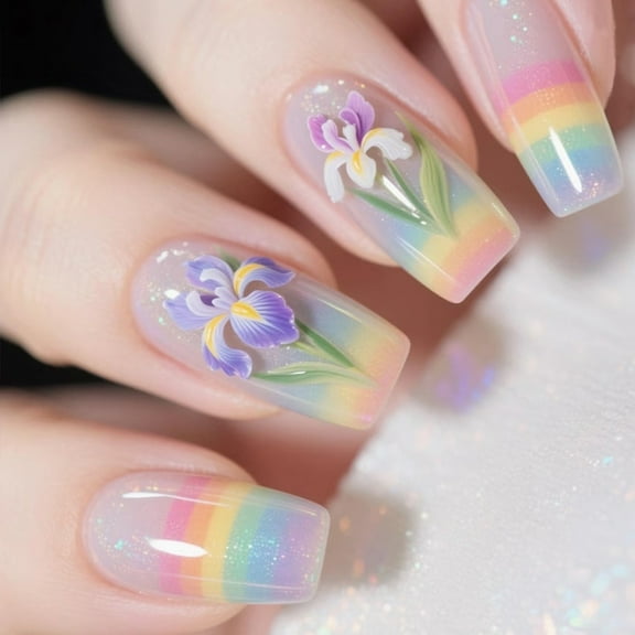 24 Pcs Long Square False Nail Colorful Press On Nail Glossy Artificial Nail Flowers Stick on Nail for Party Holiday