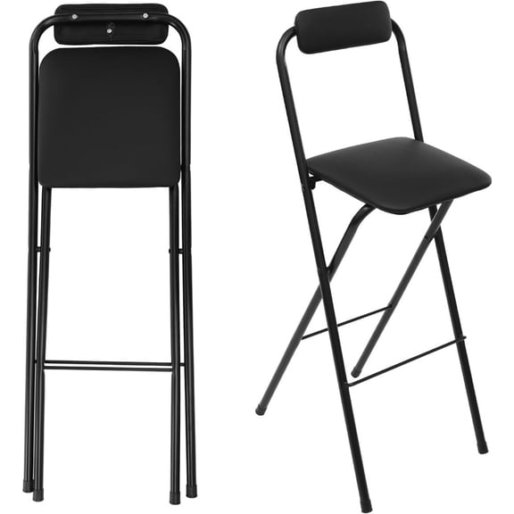 Kitchen cafe folding bar stool with PU cushion, black, 30in seat height, padded backrest and portable collapsible design