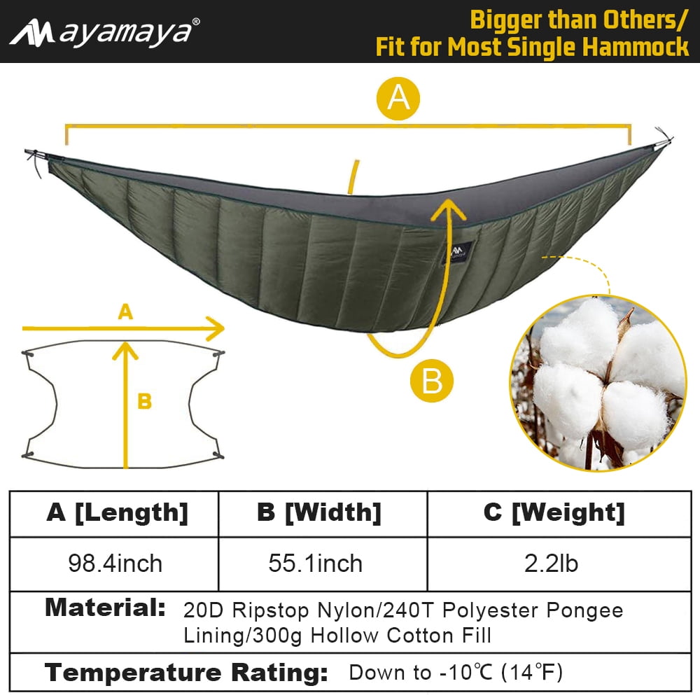 Under Quilts  for Hammocks AYAMAYA- Full Length 4 Seasons Cotton Hammock Underquilt Camping Hiking Backpacking Essential Gear Ultralight Winter Cold Weather Warm Blanket Army Green