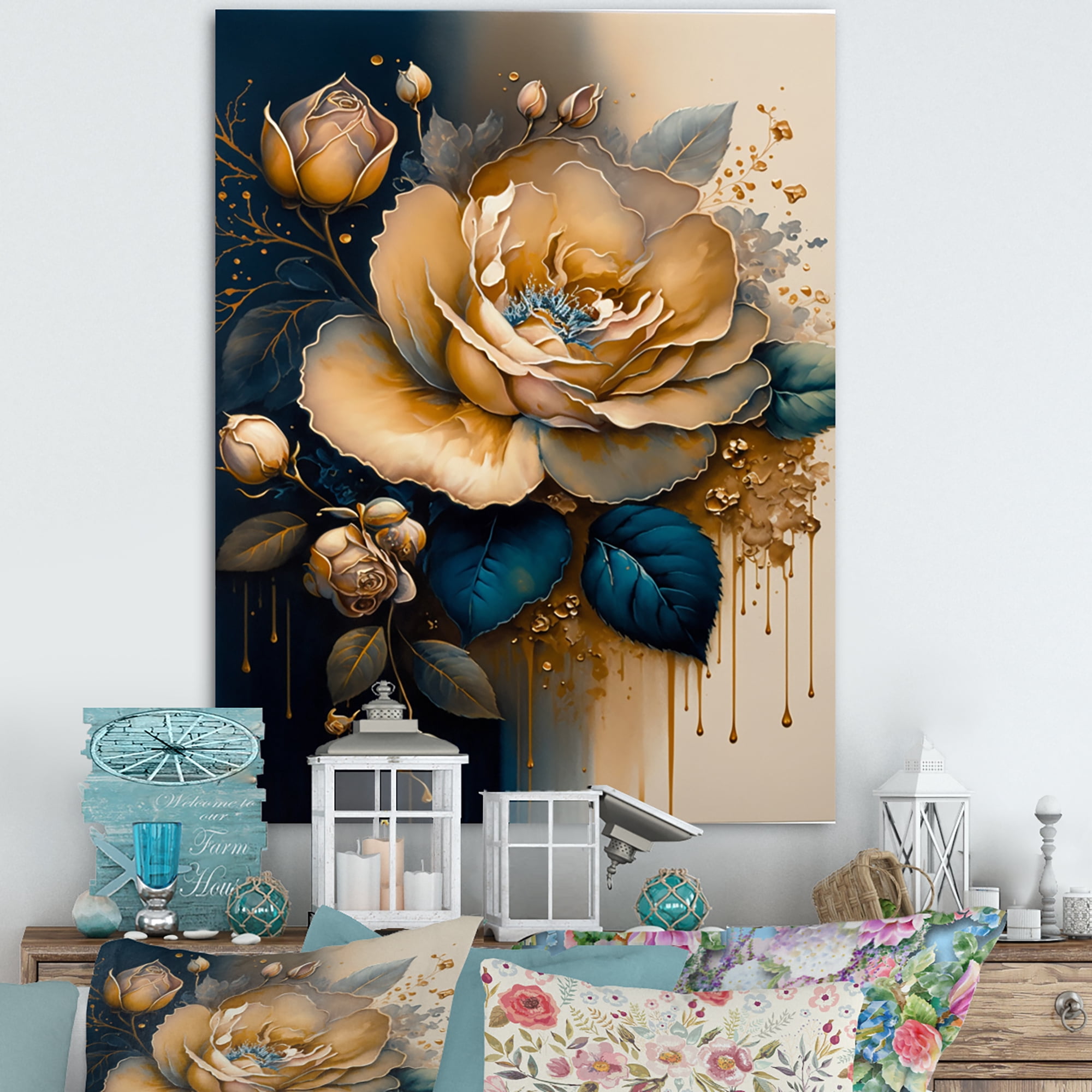 Designart Yellow And Blue Roses I Canvas Wall Art