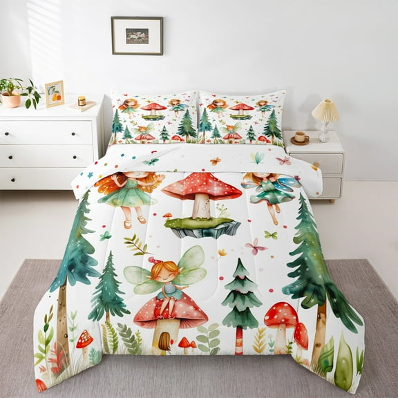 jejeloiu Fairy Tale Elf Bedding Comforter Set,Red Mushroom Twin Comforter Sets,Green Tropical Botaniocal Pine Bedding Set For Girl,Microfiber Bedroom Decor Reversible,2 Pieces