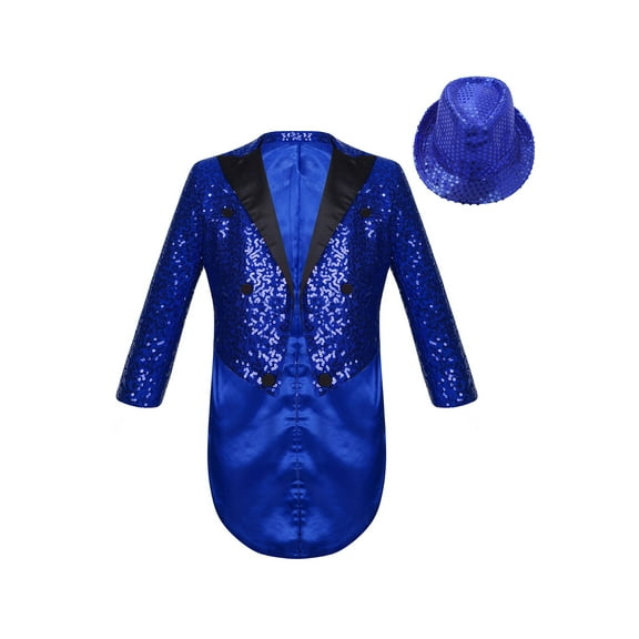DPOIS Kids Boys Sparkly Tailcoat Jacket Formal Tuxedo Suit Blazer Jacket Blue 6