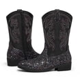 thumbnail image 4 of Dazzher Girls Black Glitter Cowgirl Boots Western Round Toe Mid Calf Side Zipper Boots for Toddler Little Big Kid, 4 of 5