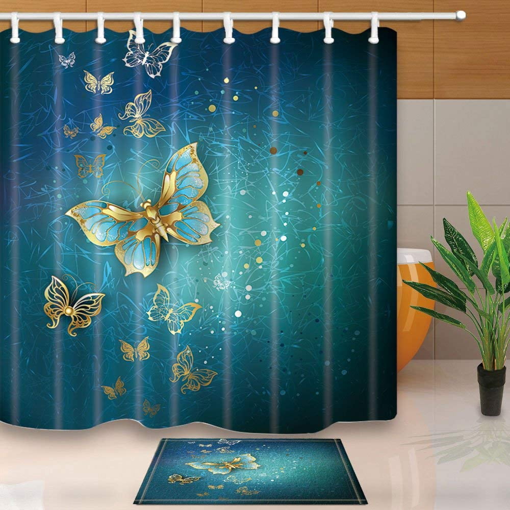 WOPOP Holiday Luxury Gold Butterflies on Blue Textural Shower Curtain