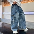 thumbnail image 4 of NIEWTR Kids Baggy Jeans Straight Wide Leg Cargo Jeans Casual Elastic Waist Loose Fit Denim Pants Y2K Streetwear with Pockets（A01-Blue,11-12 Years), 4 of 9