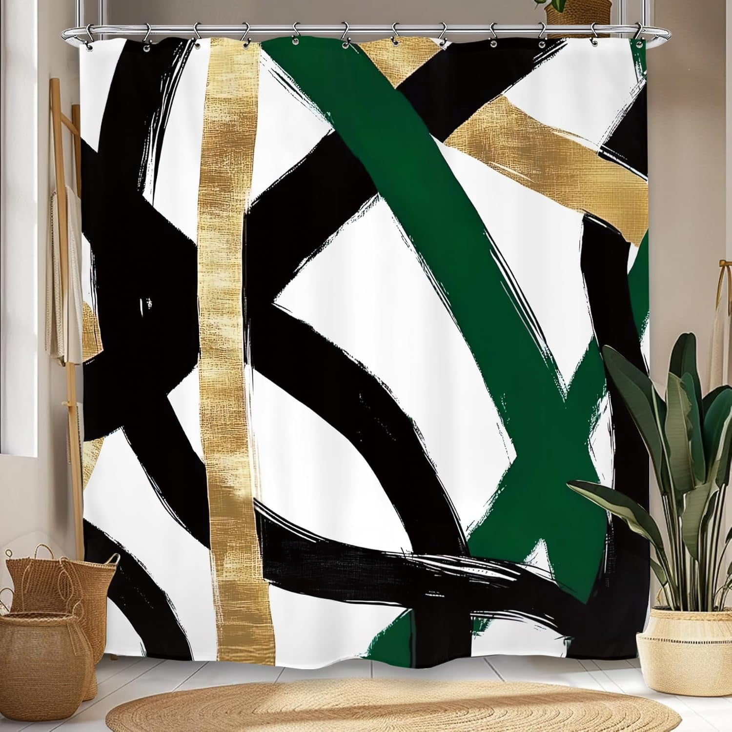 Abstract Emerald Green Black Gold Shower Curtain Modern Minimalist Contemporary Geometric Bathroom Set Accessories Decor with Pack Hooks-36"W x 72"L (Pack of 1)