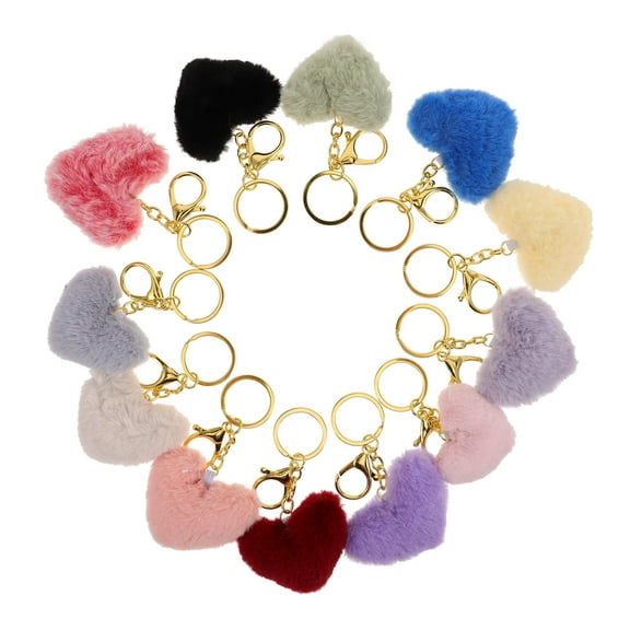 PTOOTP 12Pcs Plush Pom Pom Keychain with Heart Design for Cute Bag and Key Decoration