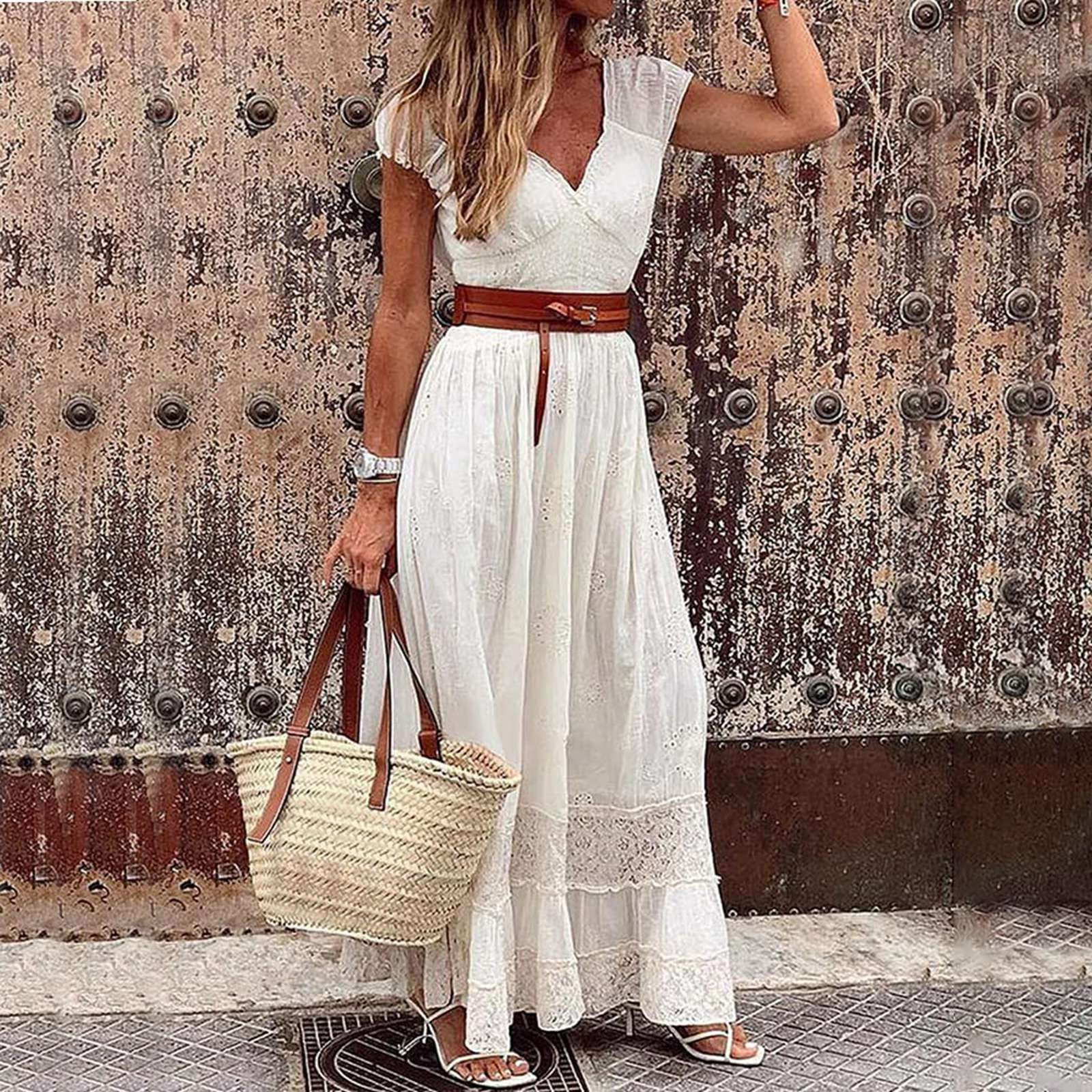 Women's Solid Color Long Maxi Dress With Belt Elegant Lace Trimmed Evening  Gown Petite Dress with Pockets Midi Shirt Dress Casual Short Sleeve Dress  Short Sleeve Loose T Shirt Dress Women Doll