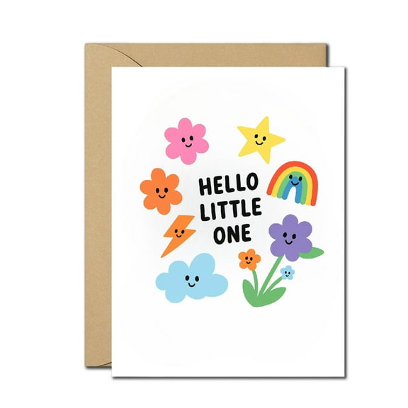 Hello Little One Greeting Card - Colorful Flowers, Rainbow & Happy Faces Design, Blank Inside, Includes Envelope - Perfect for New Baby Congratulations, Baby Showers & Birth Announcements