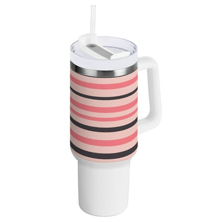 

40 oz Tumbler with Handle and Straw Lid Pink Black Striped Insulated Vacuum Water Bottle Stainless Steel Travel Cup