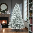 thumbnail image 3 of Tcbosik Snow Flocked Christmas Tree, 7ft Hinged Unlit Artificial Xmas Tree with 36 Pine Cones and 888 Branch Tips, Indoor Holiday Decoration with Metal Stand, Green & White, 3 of 9
