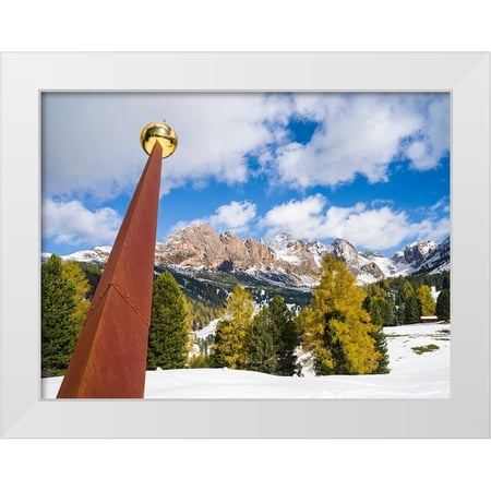 Zwick, Martin 14x12 White Modern Wood Framed Museum Art Print Titled - Giant sundial-Geisler mountain range in the dolomites of the Groden Valley or Val Gardena in South