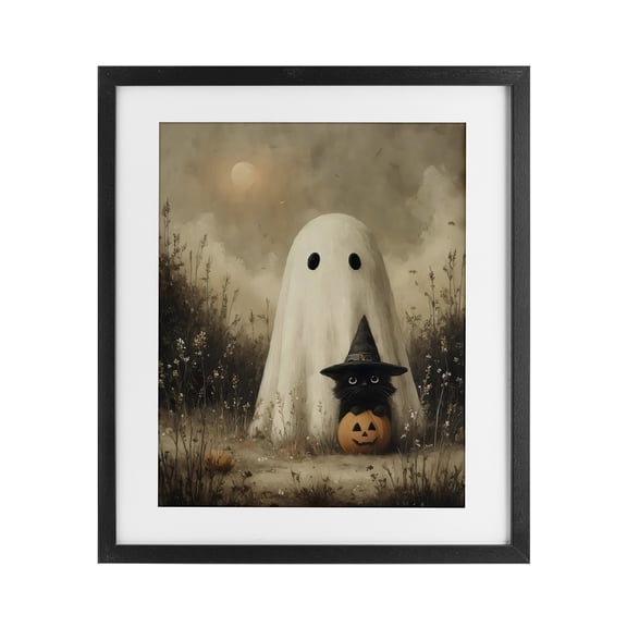 Ghost with Black Kitten Black Framed Print Under Glass, design by Arlington Prints