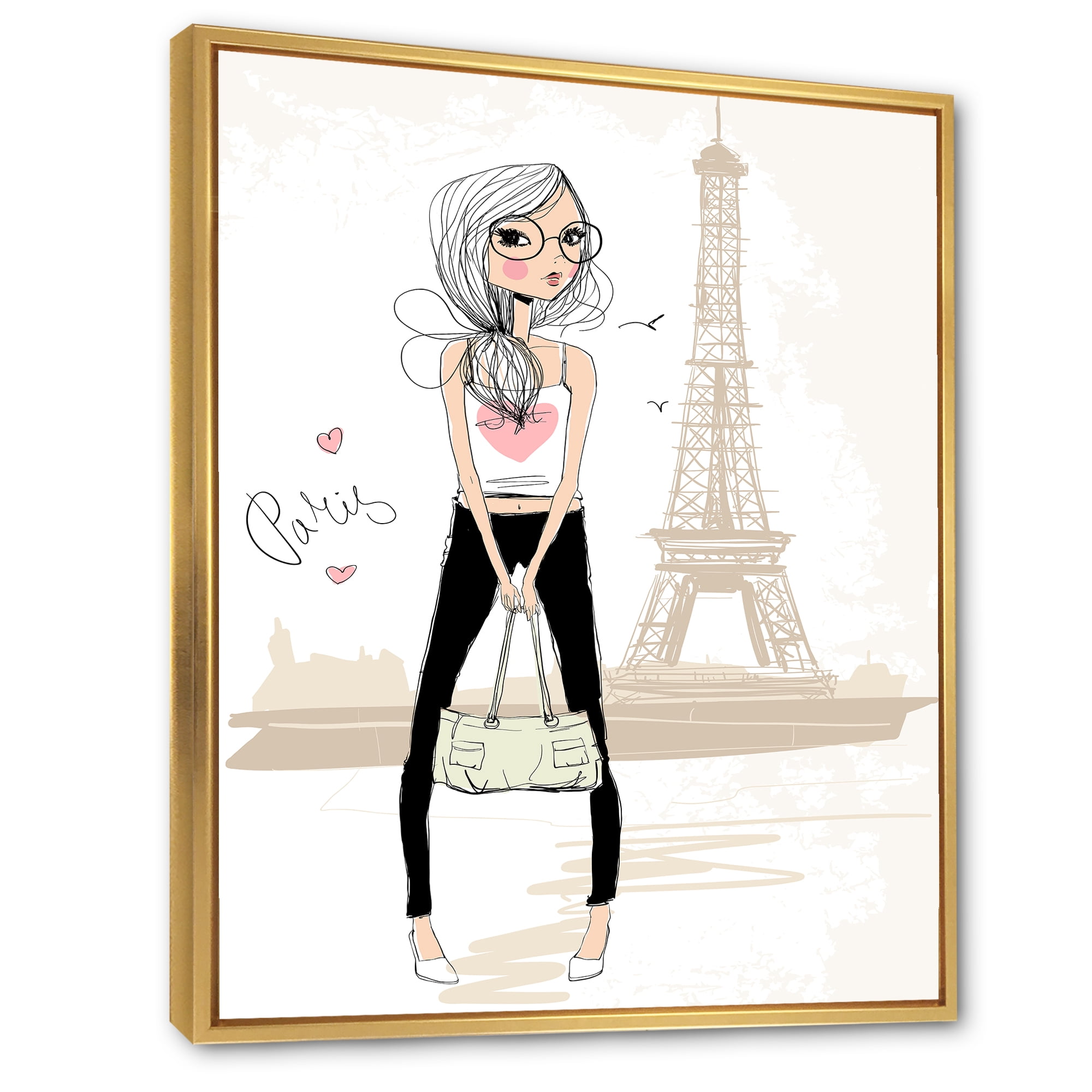 Cute Girl By The Tour Paris Eiffel Tower 12 in x 20 in Framed Painting Canvas Art Print, by Designart