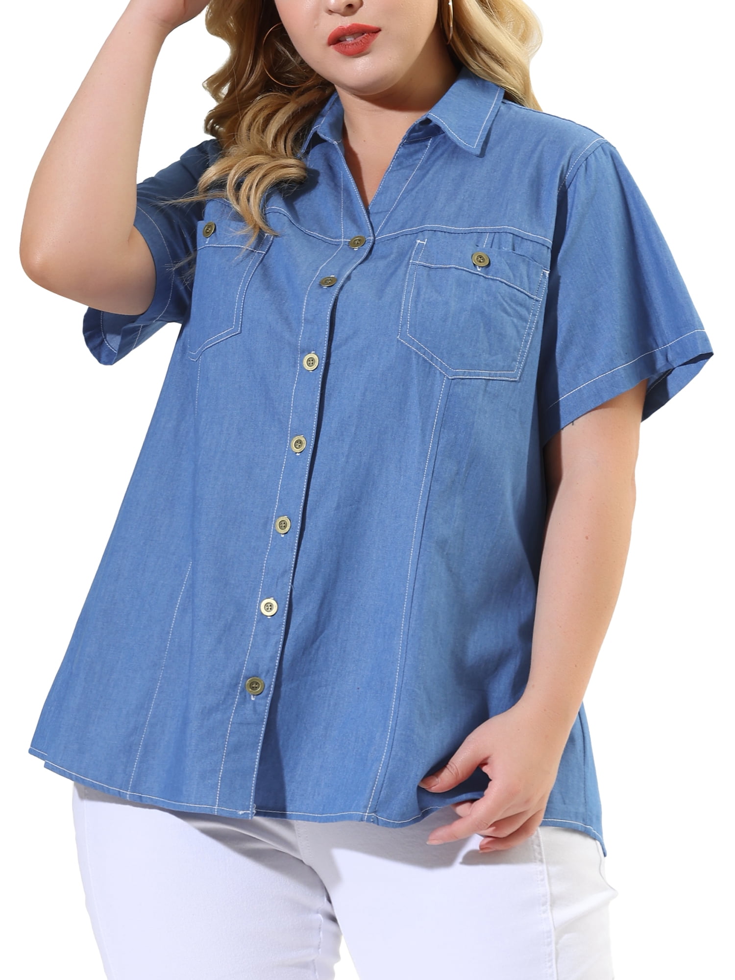 Unique Bargains Women's Plus Size Shirts Chest Pocket Button Down 