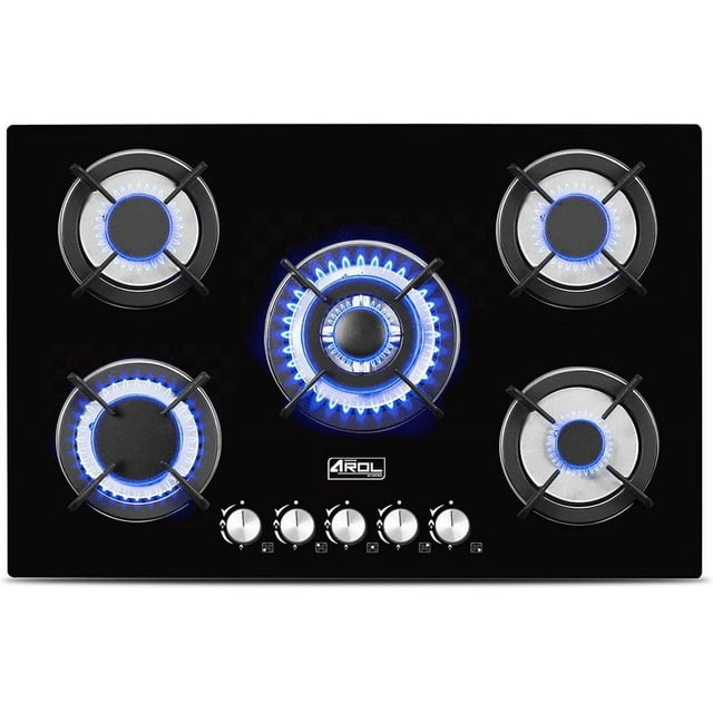 Parrilla de Gas de 5 Quemadores, Vidrio Templado, Empotrable, 77cm, AROL P-CN5Q77