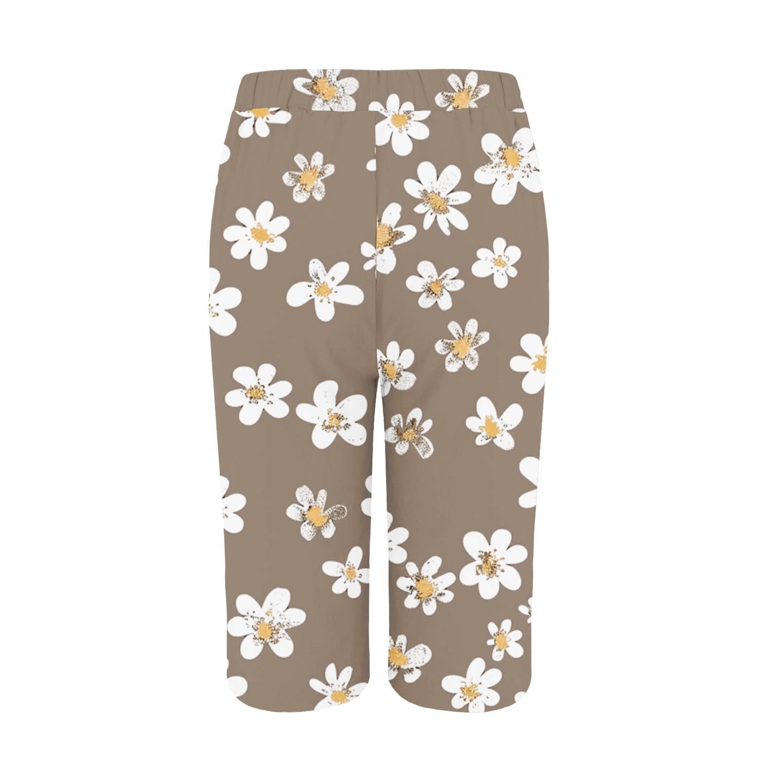 Capri Pants for Women Knee Length Flower Printed Wide Leg