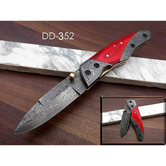 8" long Damascus steel custom made Folding Knife with pocket clip, Red Wood & Damascus scale 3.5" Hand Forged blade cow hide leather sheath