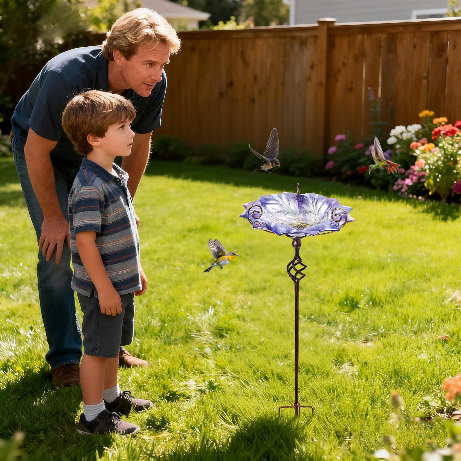 Glass Bird Bath Outdoor BirdBath Bird Feeder with Metal Stake Garden Decor, Purple
