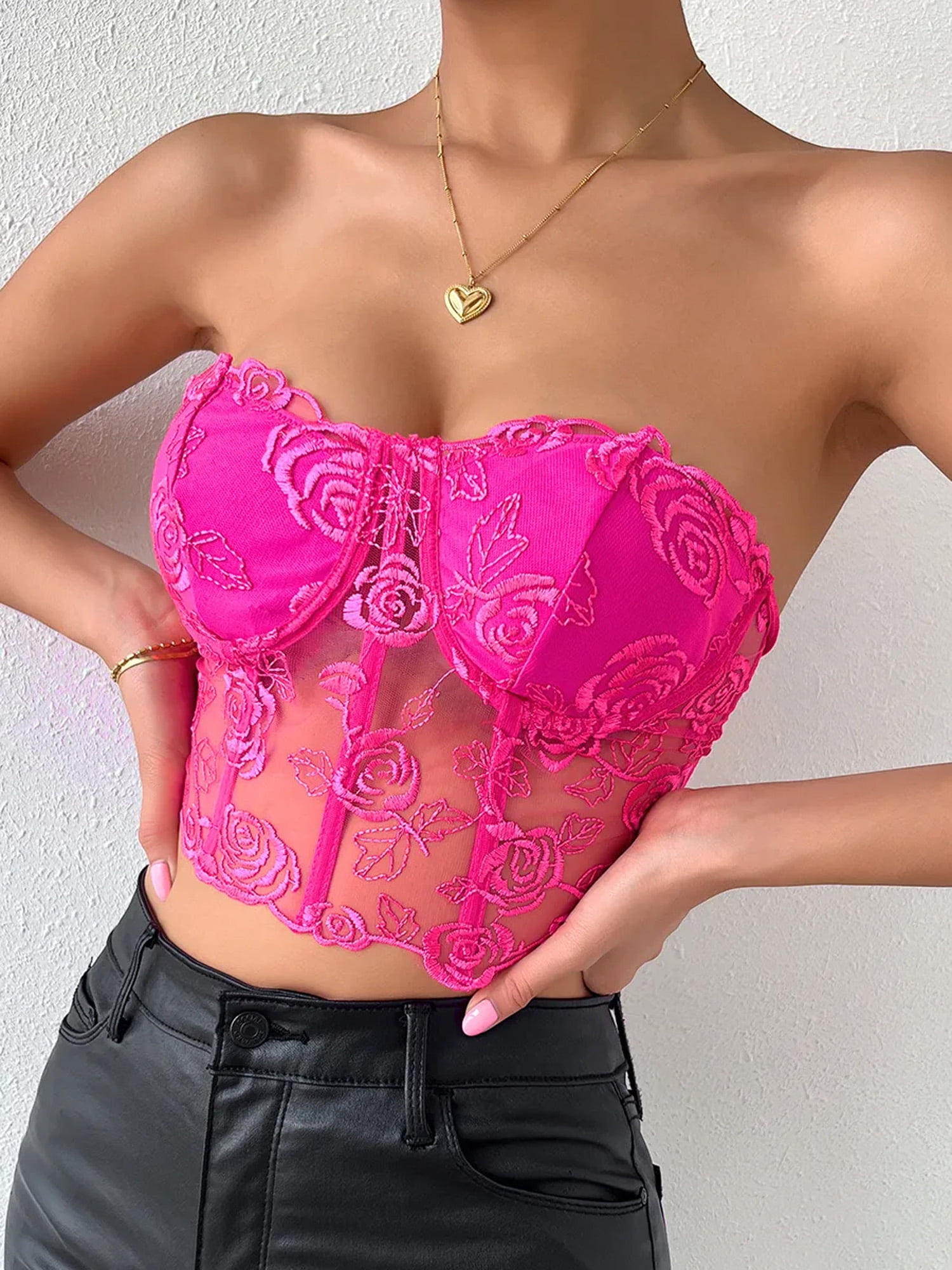 Women's Lace Corset Top Strapless Backless Floral Lace Mesh Bustier Vintage  Flower Embroidery Tops Party Club Streetwear 