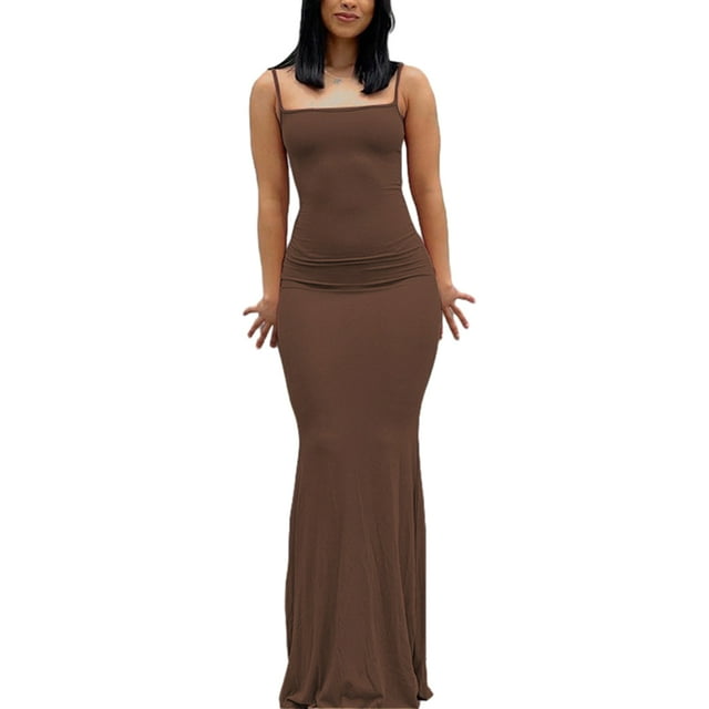 Qarigey larga Vestido ajustado Ropa de fiesta Cami Correas Sin mangas Piel multicolor Cierre Multiusos Atractivo Vestidos Marrón/3XL