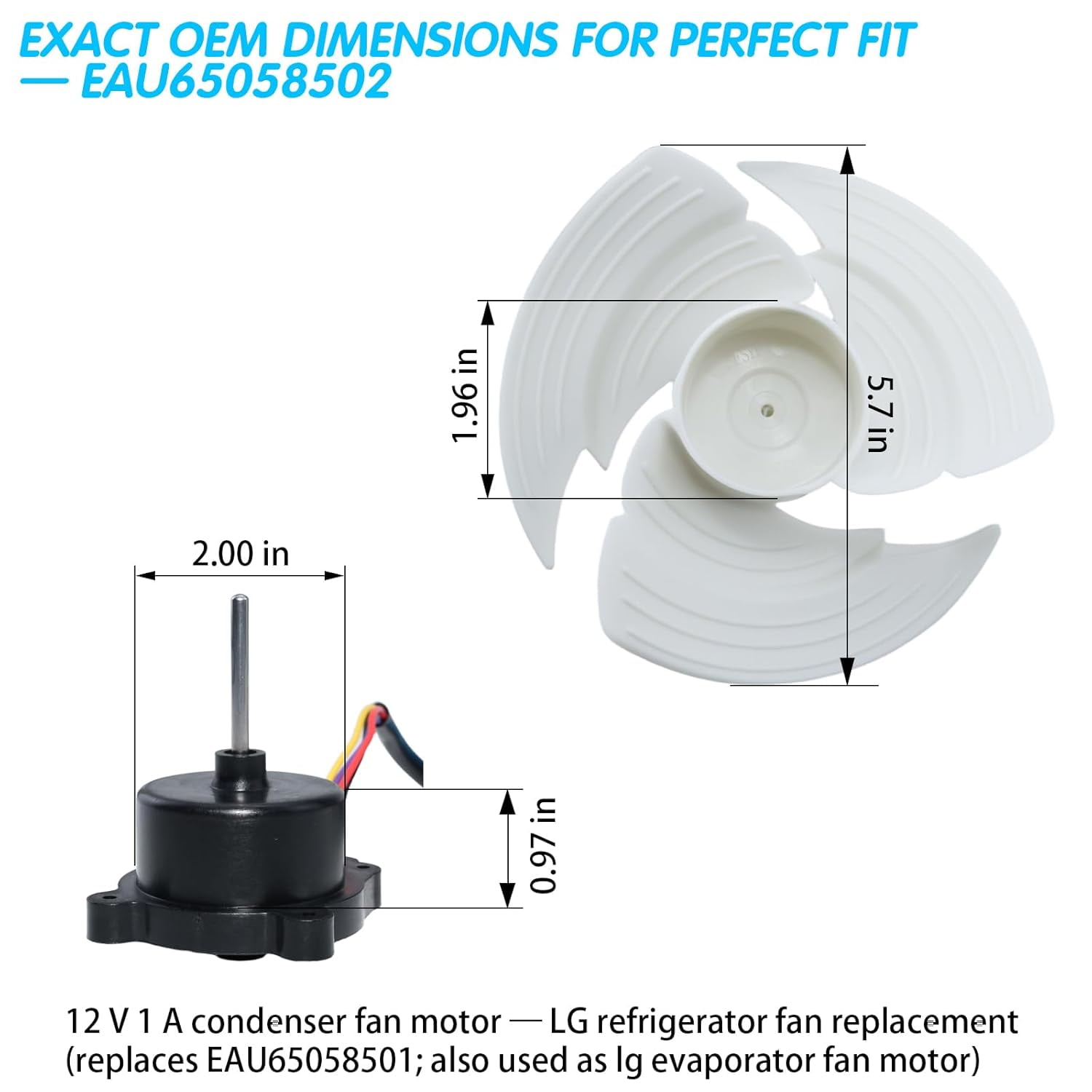 Upgraded EAU65058502 EAU65058501 Refrigerator Condenser Fan Motor with Blade 12 V 1 A Quiet Replacement For LG & Kenmore French-Door/SxS Fridges – Replaces EAU64843805 RFD3410A102A AP7178309