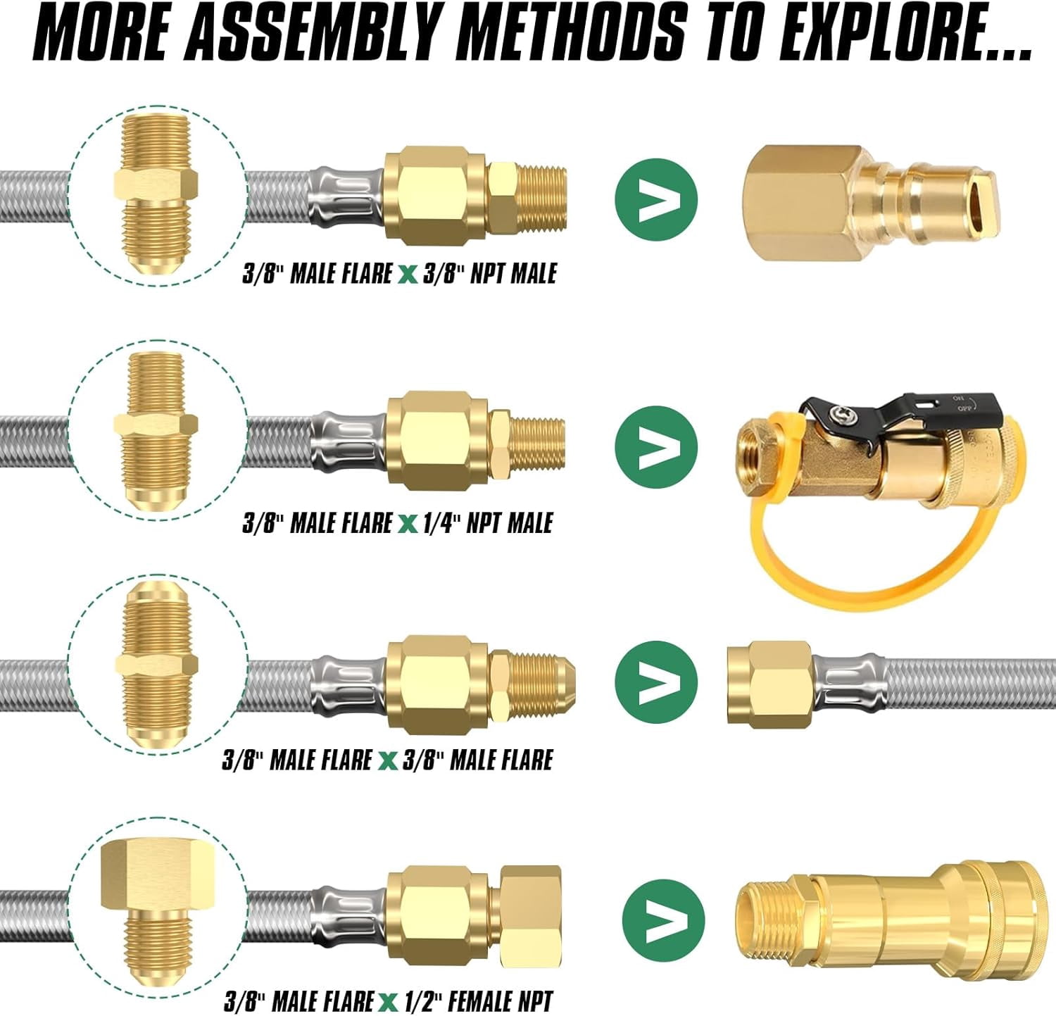 36FT 350PSI High-Pressure Braided Propane Hose, Brass Gas Ball Valve, with Adapters: 3/8" Flare to 1/2" F-NPT, 1/4" & 3/8" M-NPT, for BBQ Grills, Fire Pits, Heaters.