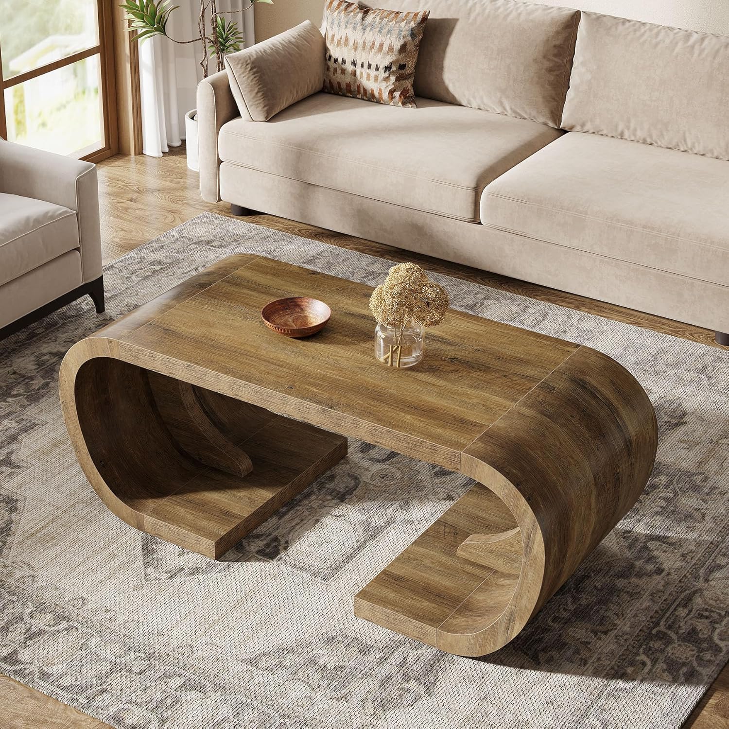 Finmind Farmhouse Coffee Table, 47" Rustic Brown C-Shaped Center Table with Curved Base for Living Room, Entertainment Space, Home Office