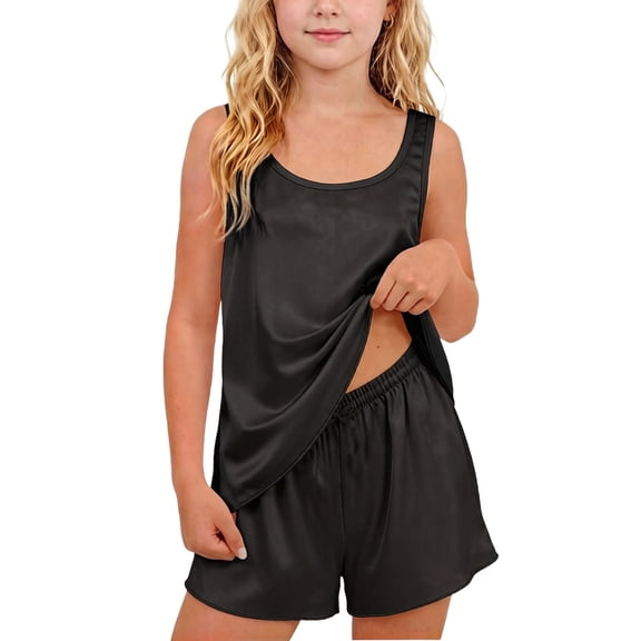 ITSAME Girls Outfit Set 2-Piece, Crewneck Tank Top and Shorts Loose Fit Summer Lightweight Loungewear Set 2-Piece Black 13-14T