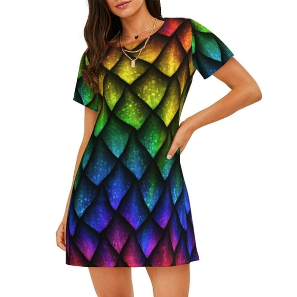 Bixox Dragon Scales Pattern Women's Nightgown, Soft & Breathable Sleepwear, Round Neck Knee-Length Pajama Dress,Loungewear for Home & Sleep