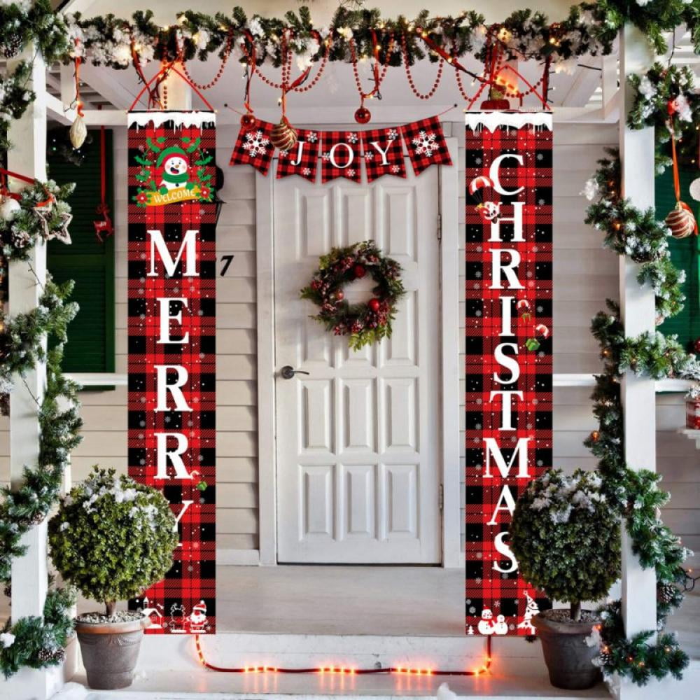 12 x 71 Inch Merry Christmas Happy New Year Buffalo Plaid Banners for Front Door Snowman Gnome Welcome Hanging Porch Signs for Home Wall Yard Indoor Party Decor Christmas Decorations Outdoor